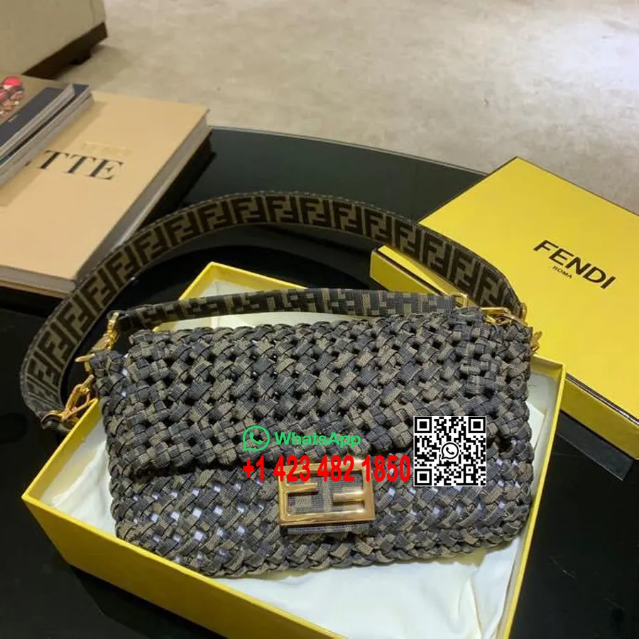 Fendi Vevd Interlace Lerret Baguette Bag 26cm Vår/sommer 2020 Kolleksjon, Brun