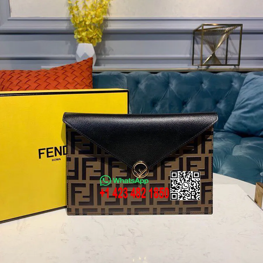 Fendi Cartera Tipo Sobre Con Relieve Ff 24 Cm Piel De Becerro Colección Primavera/verano 2019, Marrón/negro