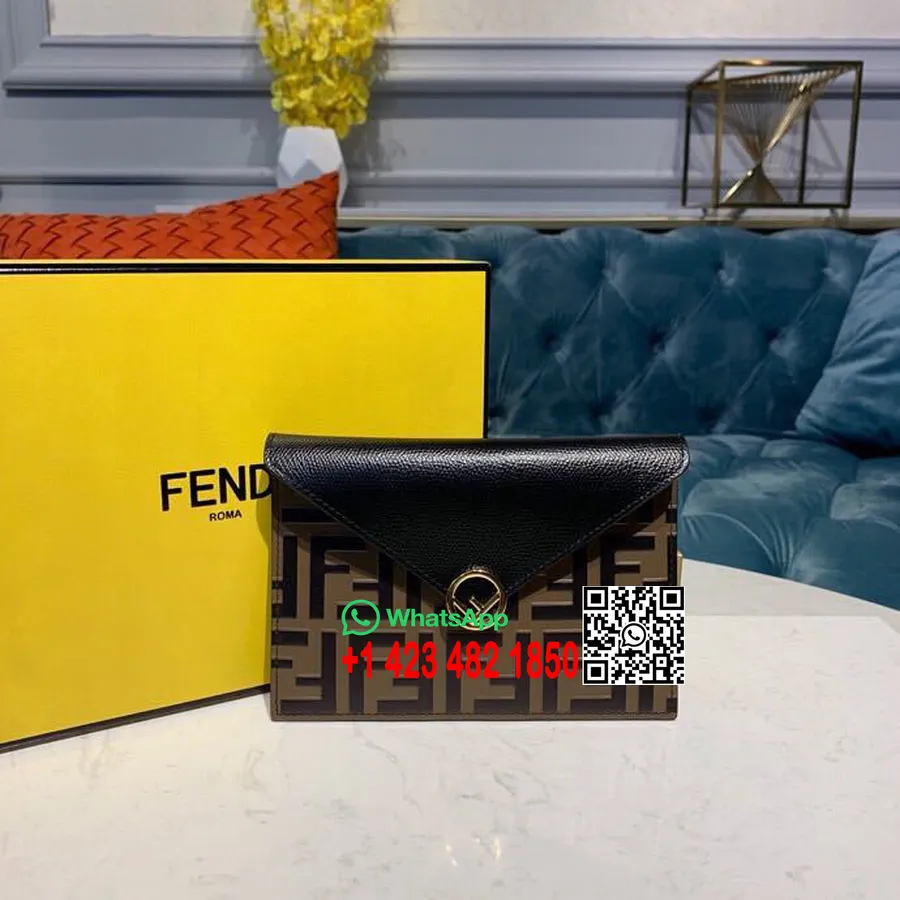 Fendi Ff Portefeuille Enveloppe Gaufré 18cm Cuir De Veau Collection Printemps/été 2019, Marron/noir