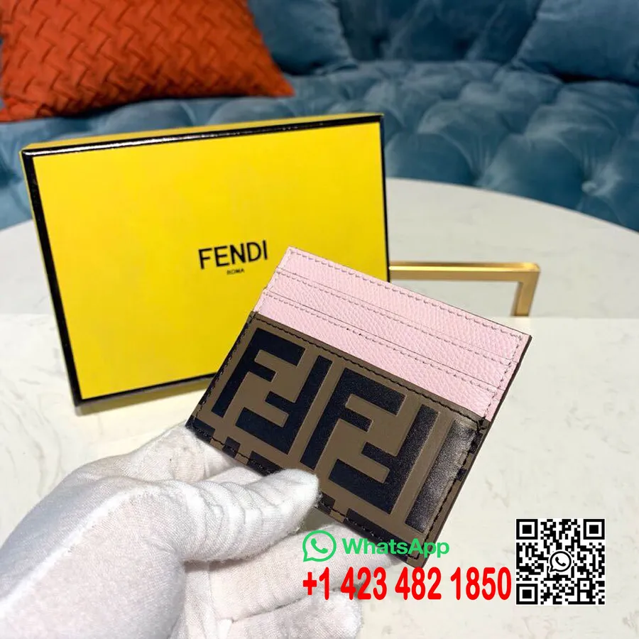 Fendi FF Embossed  Logo Card Holder Wallet 10cm Calfskin Leather Spring/Summer 2019 Collection, Brown/Light Pink