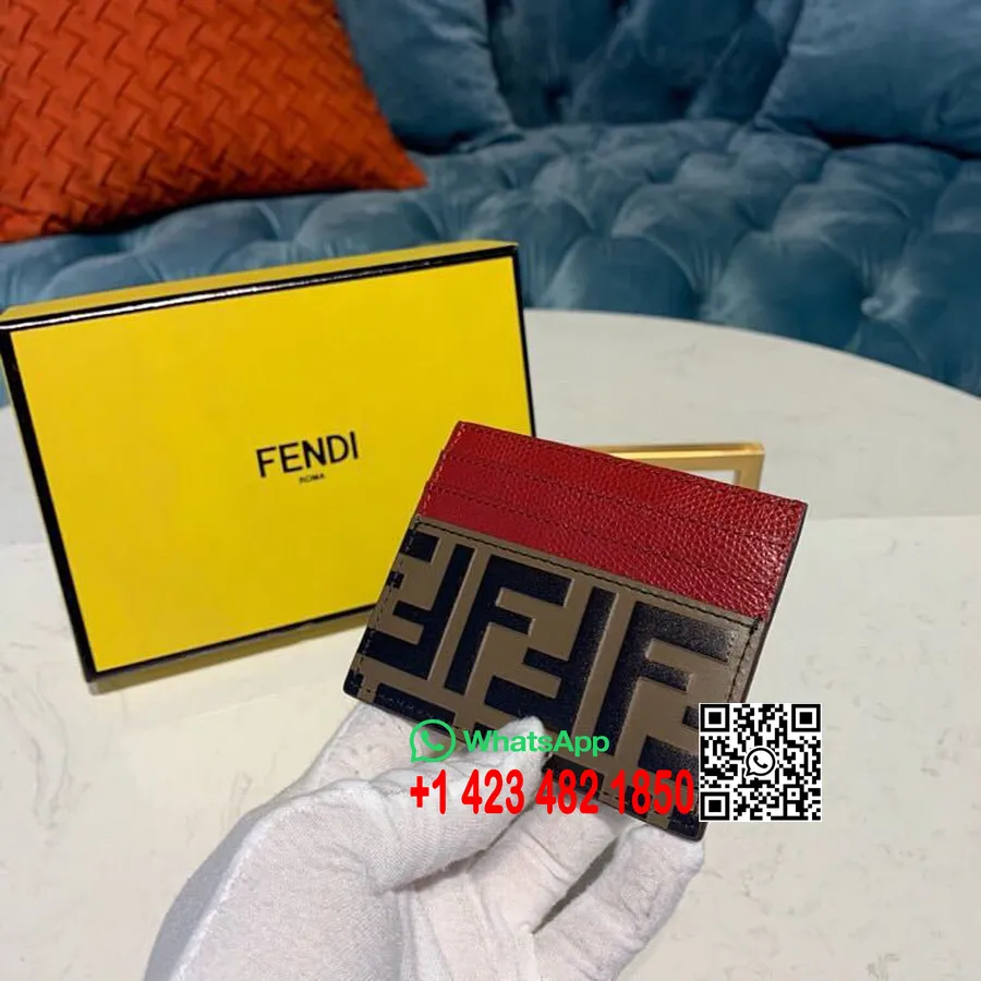 Fendi FF Dompet Tempat Kartu Logo Timbul 10Cm Kulit Anak Sapi Koleksi Musim Semi/Musim Panas 2019, Coklat/Merah Anggur