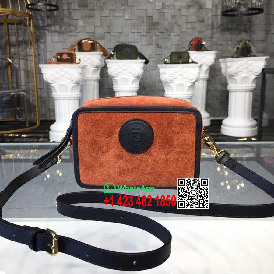 Tas Casing Kamera Stempel Fendi FF Koleksi Musim Semi/Musim Panas 2019 Kulit Anak Sapi Suede 20Cm, Oranye Karat