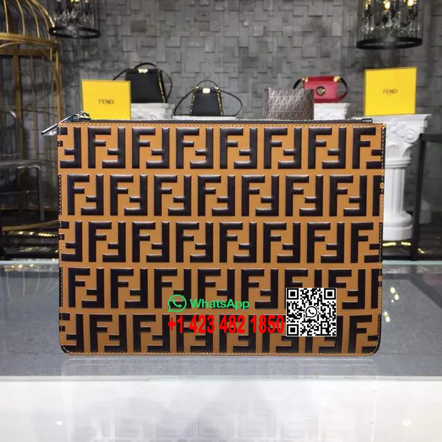 Fendi Ff Logo Clutch Torba Od 30 Cm Teleće Kože Kolekcija Proljeće/ljeto 2019., Smeđa