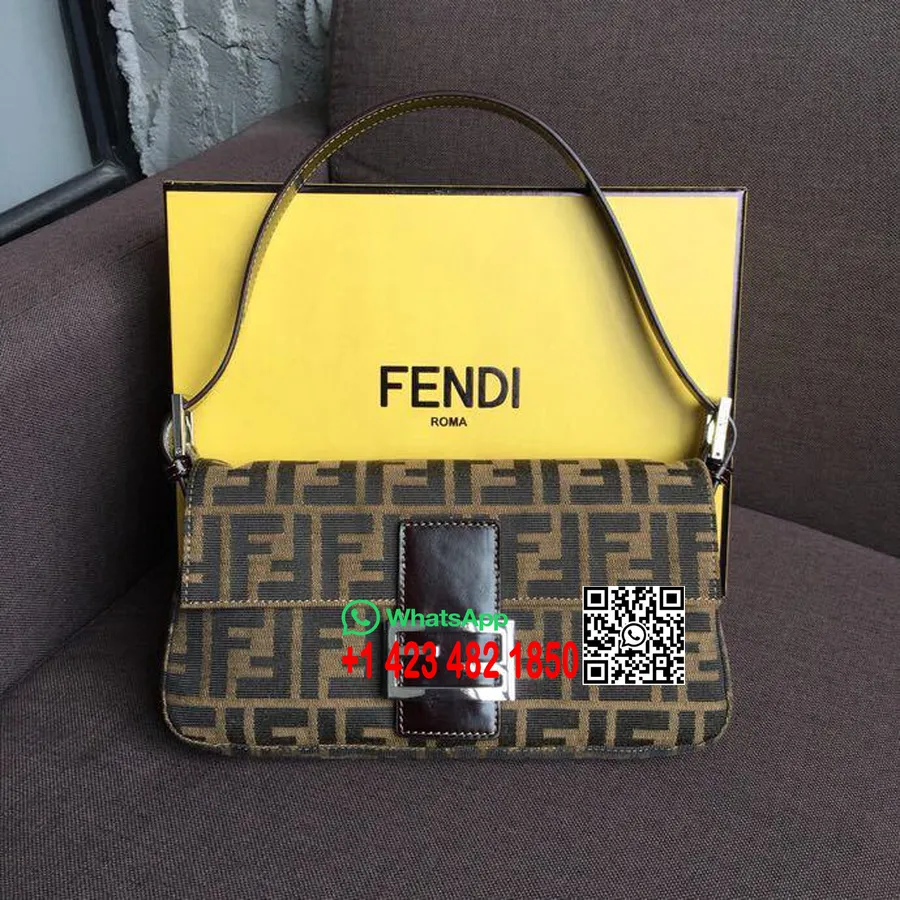 Fendi Bolso De Hombro Baguette De Lona Con Logo Ff 26 Cm Piel De Becerro Colección Primavera/verano 2019, Marrón