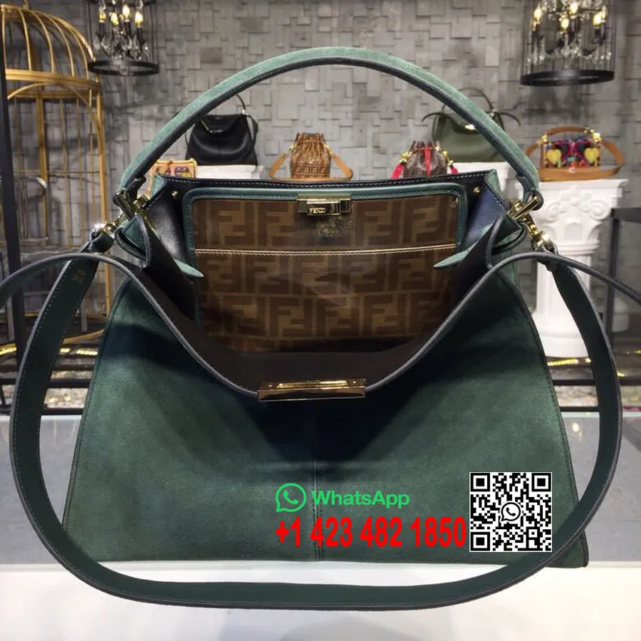 Сумка Fendi Peekaboo X-lite Fit Ff с логотипом 40 см из замши и козьей кожи, коллекция весна/лето 2019, оливково-зеленый