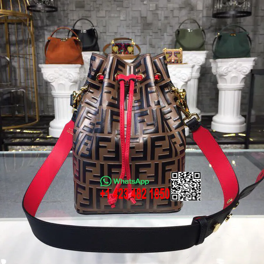 Fendi Ff Logo Mon Tresor Bucket Bag Couro De Bezerro 25cm Coleção Outono/inverno 2018, Marrom/vermelho