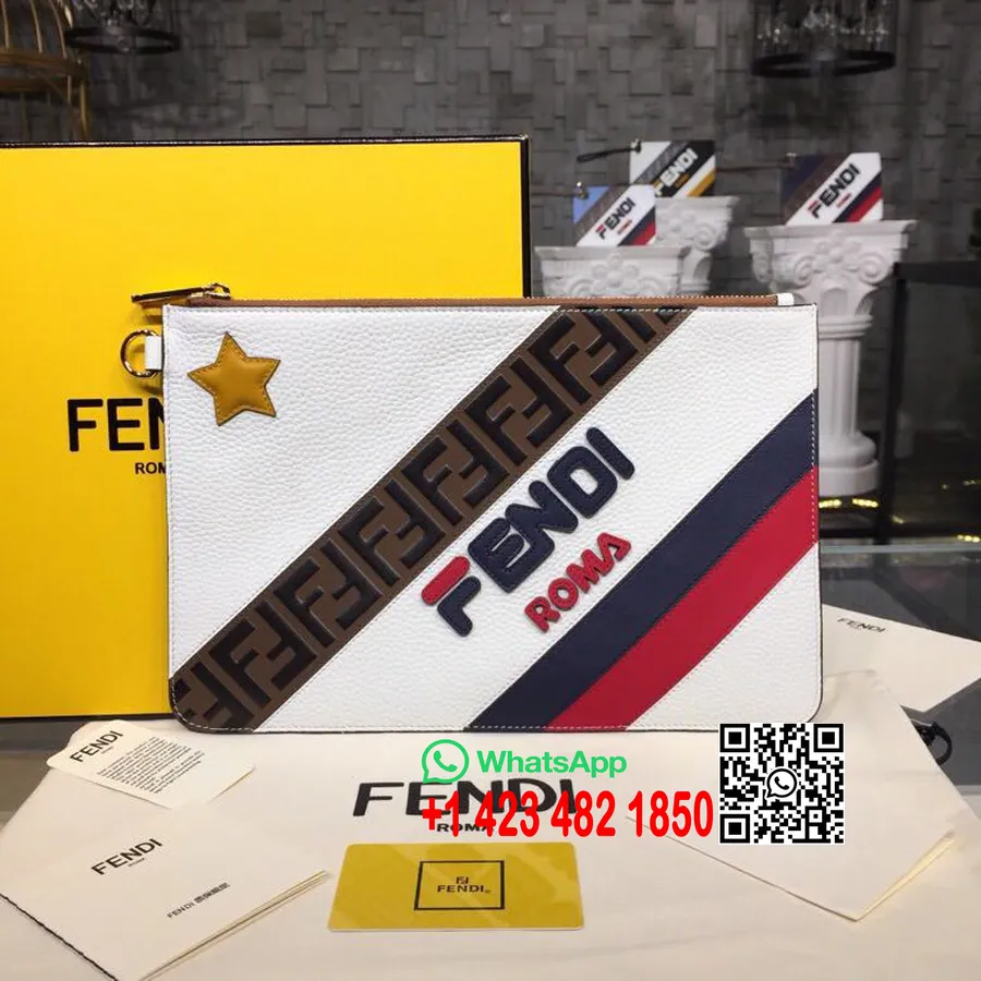 Fendi X Fila Mania Slim Clutch Bag 30Cm Kulit Anak Sapi Koleksi Musim Semi/Musim Panas 2019, Putih