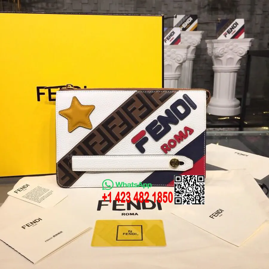 Fendi x Fila Mania Slim Clutch Pouch Bag 24cm Calfskin Leather Spring/Summer 2019 Collection, White