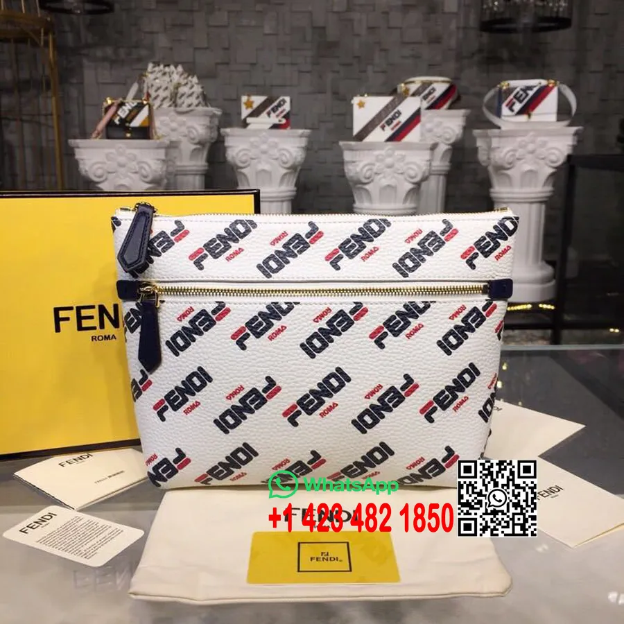 Fendi X Fila Mania Perlengkapan Mandi Pouch 22cm Kulit Anak Sapi Koleksi Musim Semi/musim Panas 2019, Putih