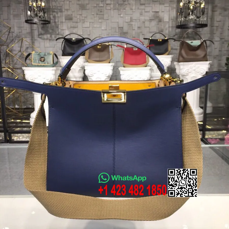 Fendi Peekaboo X-Lite Fit FF Logo Bag 30cm Romano Goatskin Leather Spring/Summer 2019 Collection, Navy Blue/Yellow