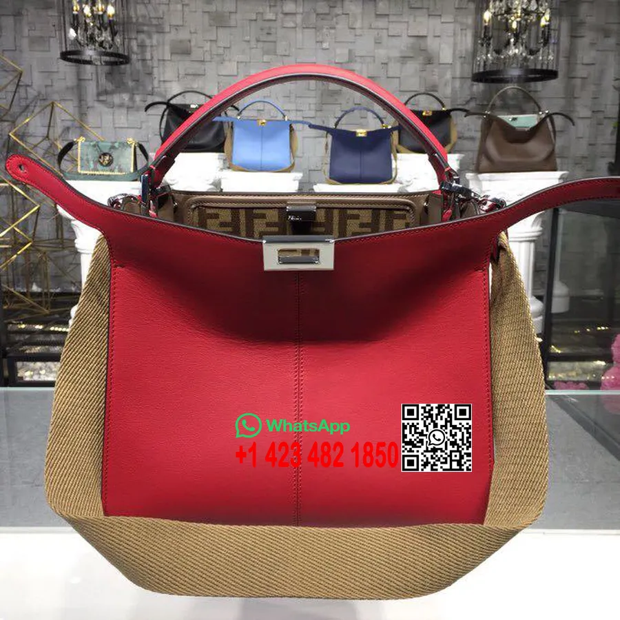 Fendi Peekaboo X-lite Fit Ff Logo Torba 30 Cm Romano Kozje Usnje Kolekcija Pomlad/poletje 2019, Rjava/rdeča