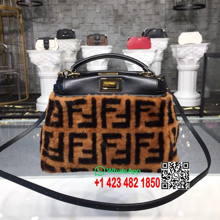 Fendi Kürklü Peekaboo Ff Logo çanta 26cm Ilkbahar/yaz 2019 Koleksiyonu, Kahverengi