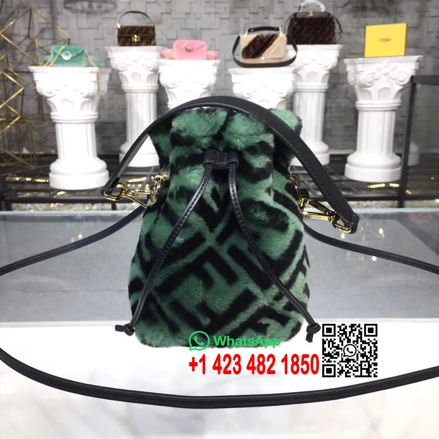 Fendi Mon Tresor Ff Logo Print Shearling Bucket Bag 20cm Kolekcija Pomlad/poletje 2019, Zelena