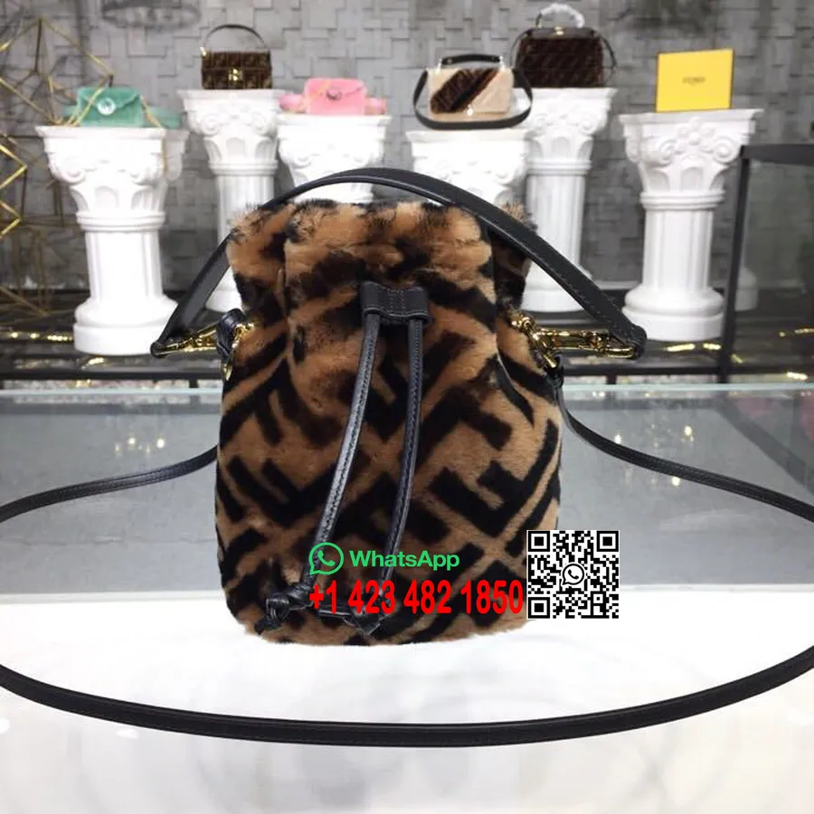 Fendi Mon Tresor Ff Logo Print Shearling Bucket Bag 20cm Kolekcija Pomlad/poletje 2019, Rjava