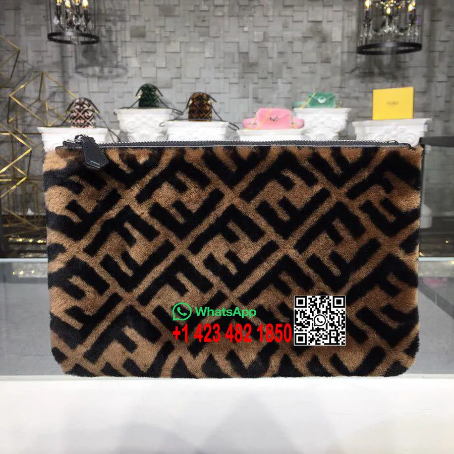 Fendi Ff Logo Shearling Clutch 26cm Koleksi Spring/summer 2019, Coklat