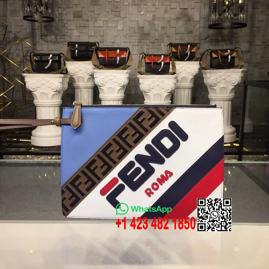 Fendi X Fila Mania Slim Clutch Pouch Bag 30Cm Koleksi Musim Semi/Panas 2019, Biru Laut/Biru Muda