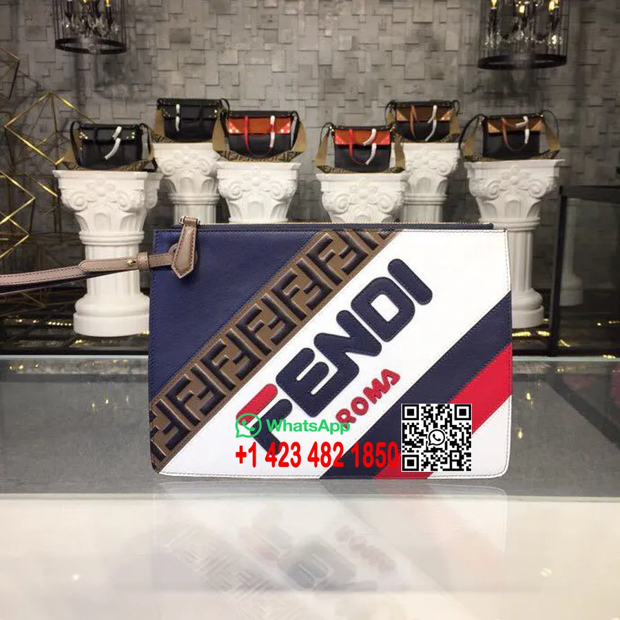 Fendi X Fila Mania Slim Clutch Pouch Bag 30Cm Koleksi Musim Semi/Panas 2019, Biru Laut