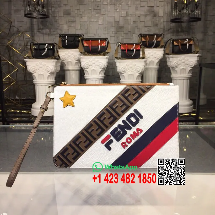 Fendi X Fila Mania Slim Clutch Pouch Bag Koleksi Spring/Summer 30Cm 2019, Putih