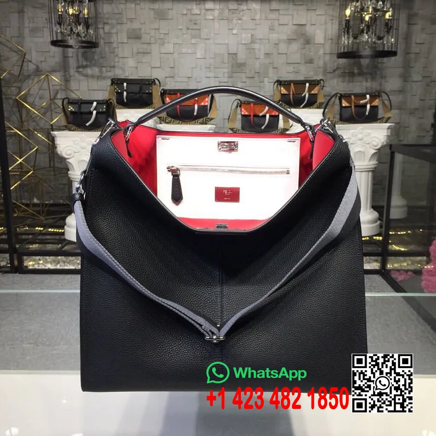 Fendi Peekaboo X-Lite Fit FF Logo Tas 36Cm Romano Kulit Kambing Koleksi Musim Semi/Musim Panas 2019, Hitam/Merah/Putih