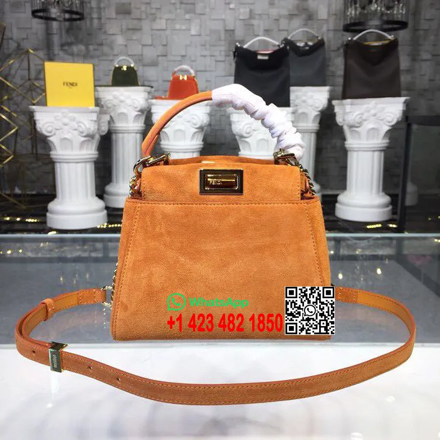 Fendi Mini Peekaboo çanta 20cm Süet Deri İlkbahar/Yaz 2019 Koleksiyonu, Taba