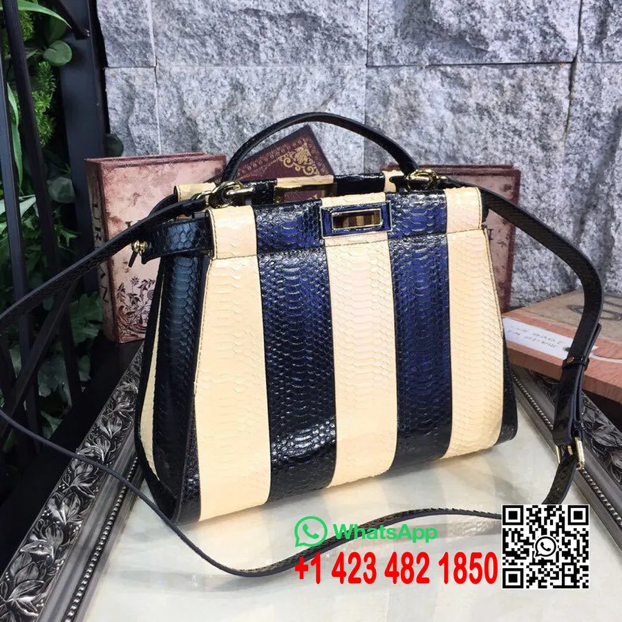 Fendi Stripe Peekaboo Bag 33Cm Kulit Python Koleksi Musim Semi/Musim Panas 2019, Krem/Hitam