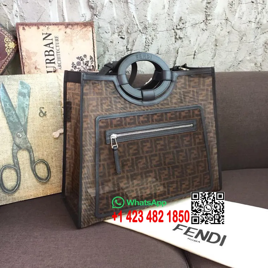 λογότυπο Fendi δερμάτινη/δικτυωτή τσάντα Shopper Runaway 45cm συλλογή άνοιξη/καλοκαίρι 2019, καφέ