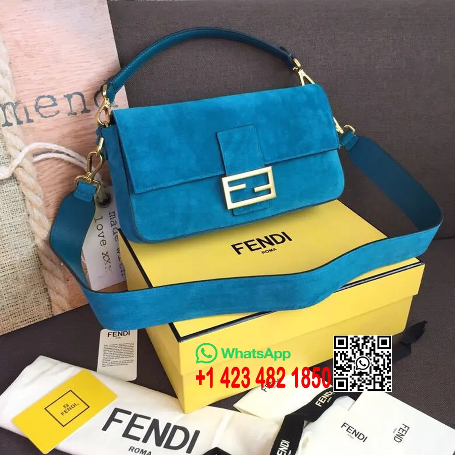 Fendi Baguette Bag 28cm Semsket Skinn Vår/sommer 2019 Kolleksjon, Blå