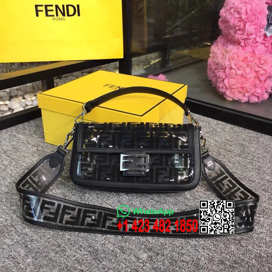 Fendi Ff Pu ανάγλυφο λογότυπο λαβή μπαγκέτα 28cm συλλογή άνοιξη/καλοκαίρι 2019, μαύρο