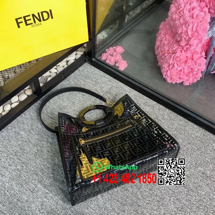 Fendi Ff Pu релефно лого Runaway Shopper чанта 42 см телешка кожа колекция пролет/лято 2019, черна