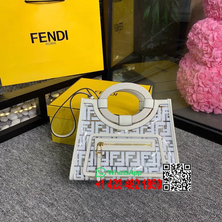 Geantă Shopper Fendi Ff Pu Logo în Relief Runaway 28 Cm Piele De Vițel Colecția Primăvară/vară 2019, Alb