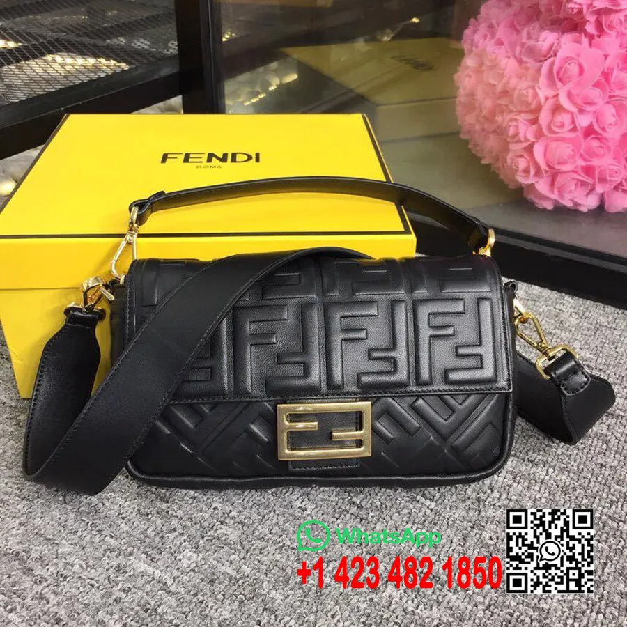 Fendi Ff ανάγλυφη τσάντα μπαγκέτας 26cm συλλογή άνοιξη/καλοκαίρι 2019, μαύρη