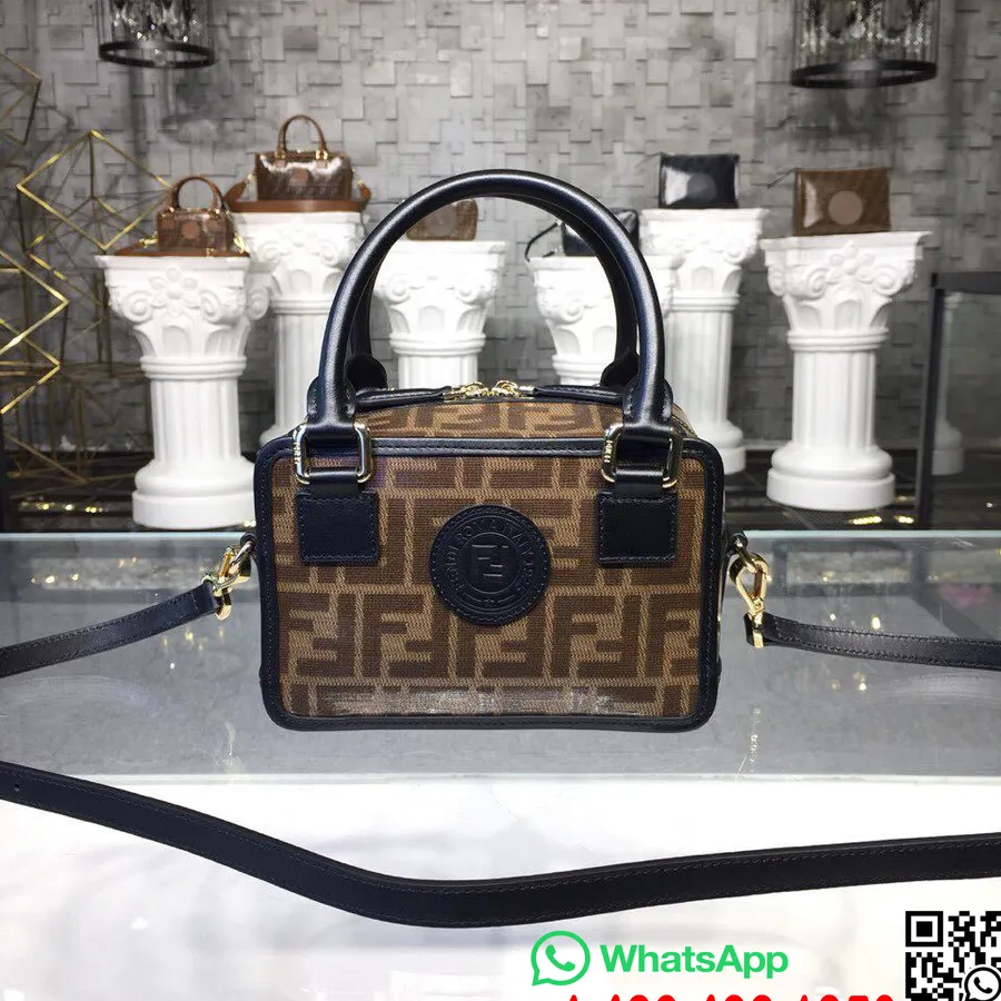 Fendi Ff καμβάς διπλή λαβή τσάντα μπόουλινγκ 20cm συλλογή φθινόπωρο/χειμώνας 2018, καφέ/μαύρο