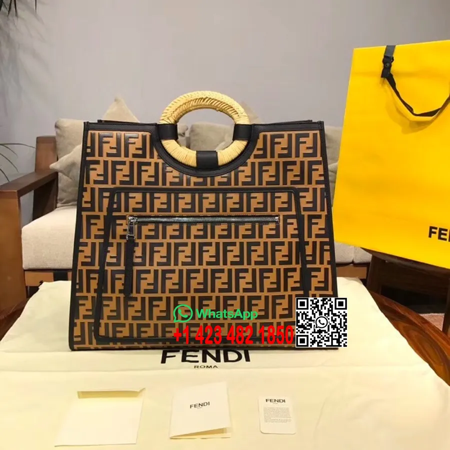 Geantă Shopper Runaway Cu Logo în Relief Fendi Piele De Vițel 45 Cm Colecția Primăvară/vară 2018, Cafeniu/negru