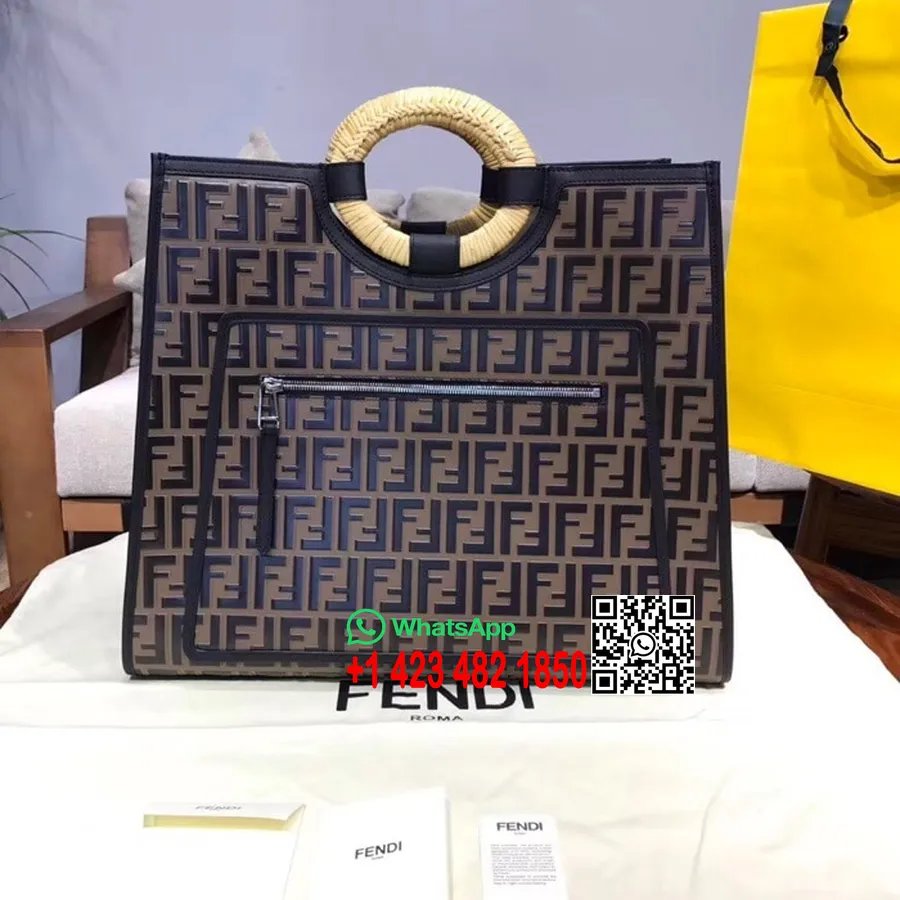 Fendi Ff релефно лого чанта Runaway Shopper от телешка кожа 45 см колекция пролет/лято 2018, кафяво/черно