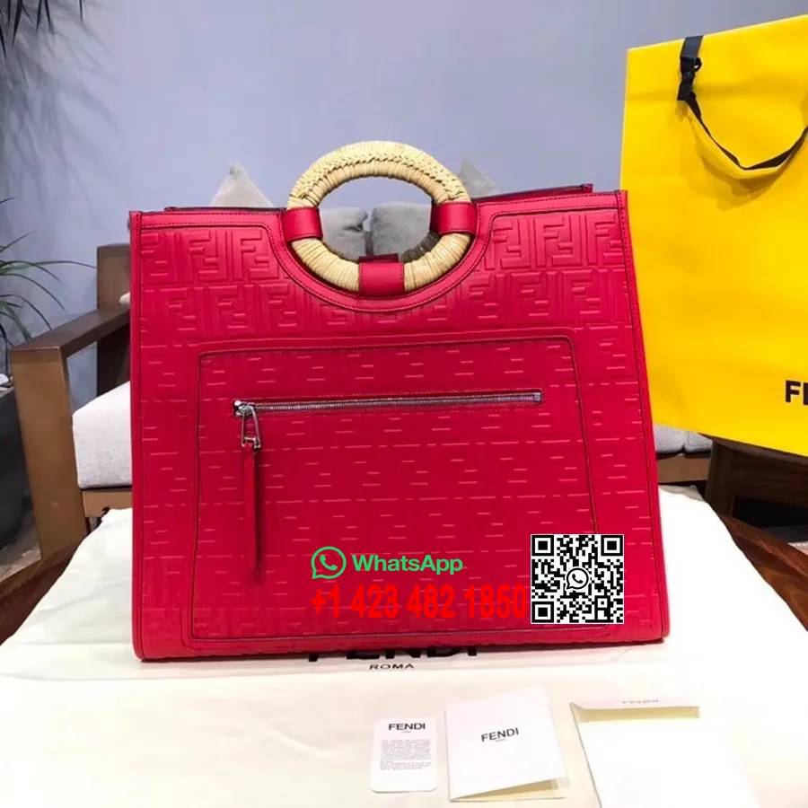 Fendi Ff релефно лого чанта Runaway Shopper от телешка кожа 45 см колекция пролет/лято 2018, червена