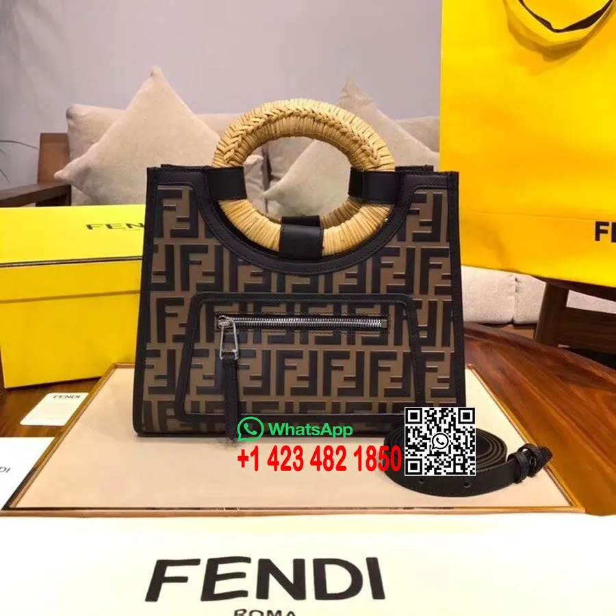 Fendi Ff релефно лого чанта Runaway Shopper от телешка кожа 30 см колекция пролет/лято 2018, кафяво/черно