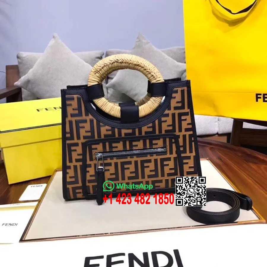 Fendi Ff релефно лого Runaway Shopper чанта от телешка кожа 30 см колекция пролет/лято 2018, кафяво/черно