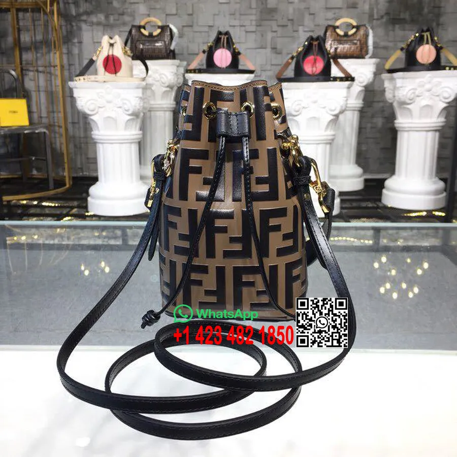 Fendi Embossed Ff Mon Tresor דלי תיק עור עגל 18 ס"מ סתיו/חורף 2018 קולקציית חום כהה