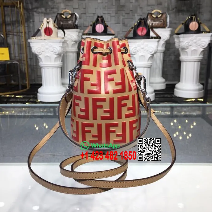 Bolsa Bucket Ff Mon Tresor Fendi Em Relevo Couro De Bezerro 18 Cm Coleção Outono/inverno 2018 Bege/vermelho