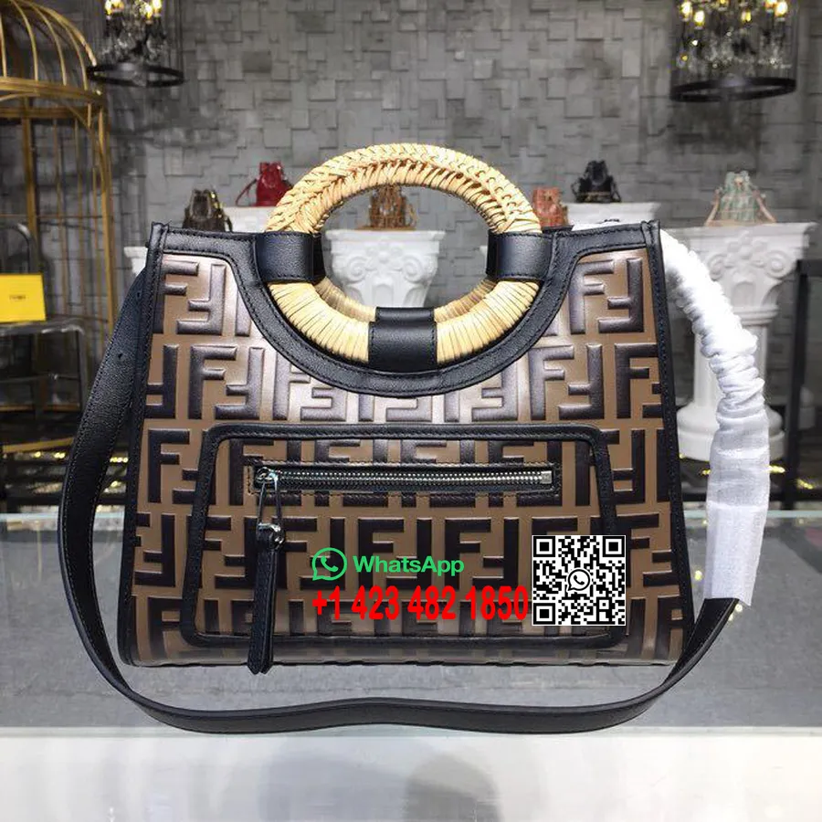 Geanta Shopper Runaway Logo Fendi Ff Piele De Vitel 30cm Colectia Primavara/vara 2018, Maro Inchis