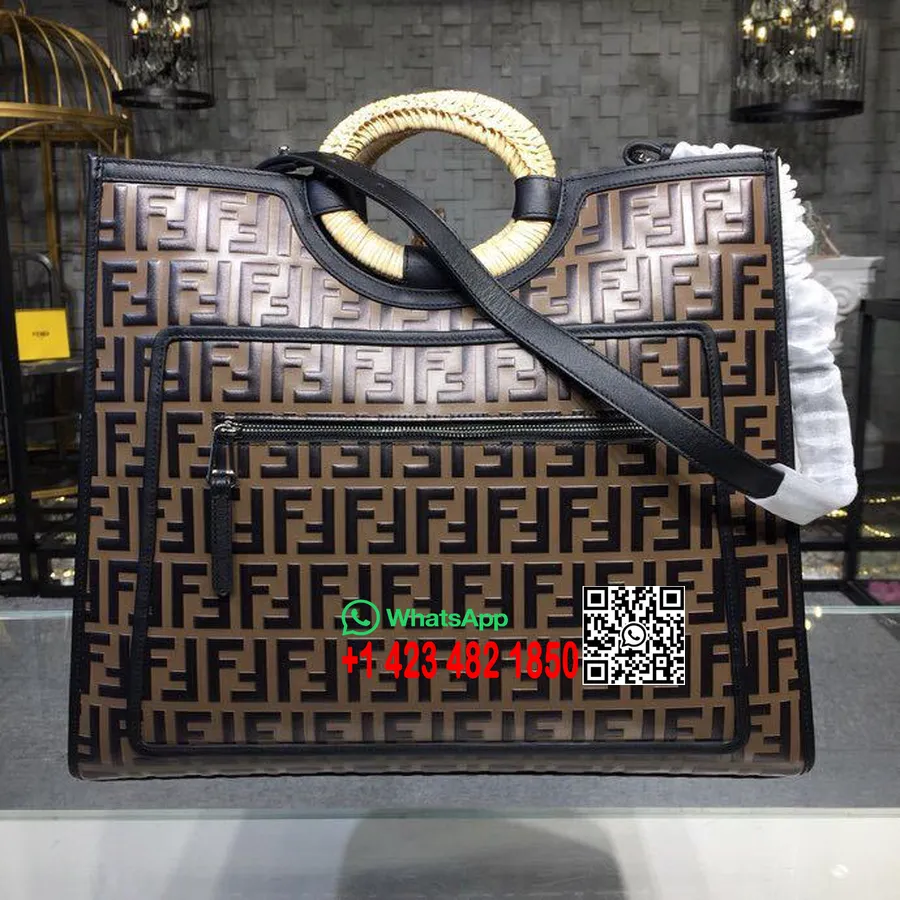 Geanta Shopper Runaway Logo Fendi Ff Piele De Vitel 45cm Colectia Primavara/vara 2018, Maro Inchis