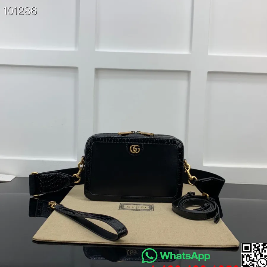 Bolsa De Ombro Para Câmera Gucci 23cm 710861 Acabamento De Crocodilo/couro De Bezerro Coleção Outono/inverno 2022, Preto