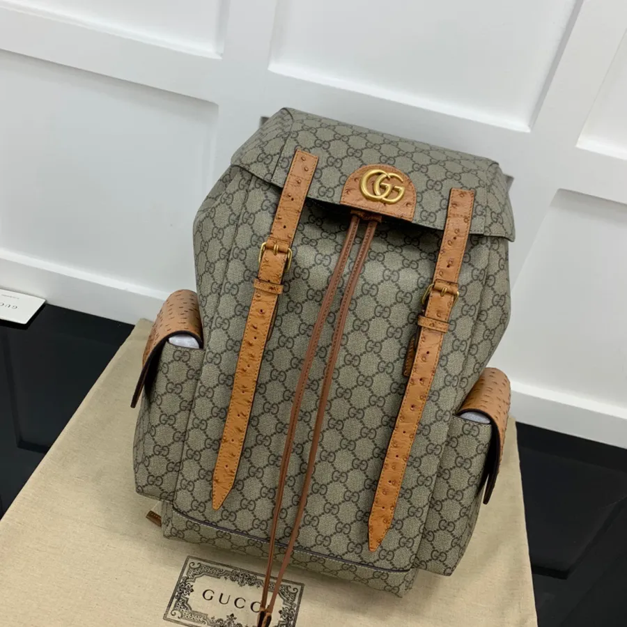 раница Gucci с щраусова тапицерия с двоен G 40 см 710859 колекция телешка кожа есен/зима 2022 г., бежово/абанос