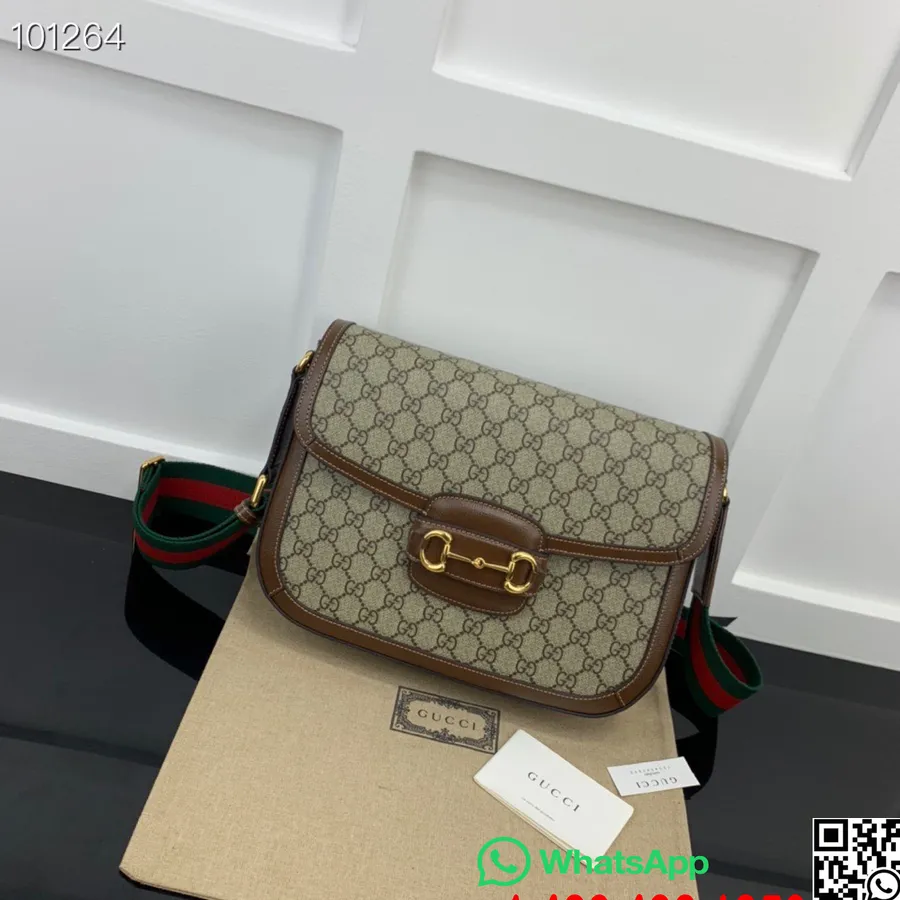 Gucci GG Supreme Horsebit 1955 Omuz Çantası 30cm 700457 Dana Derisi Sonbahar/Kış 2022 Koleksiyonu, Kahverengi