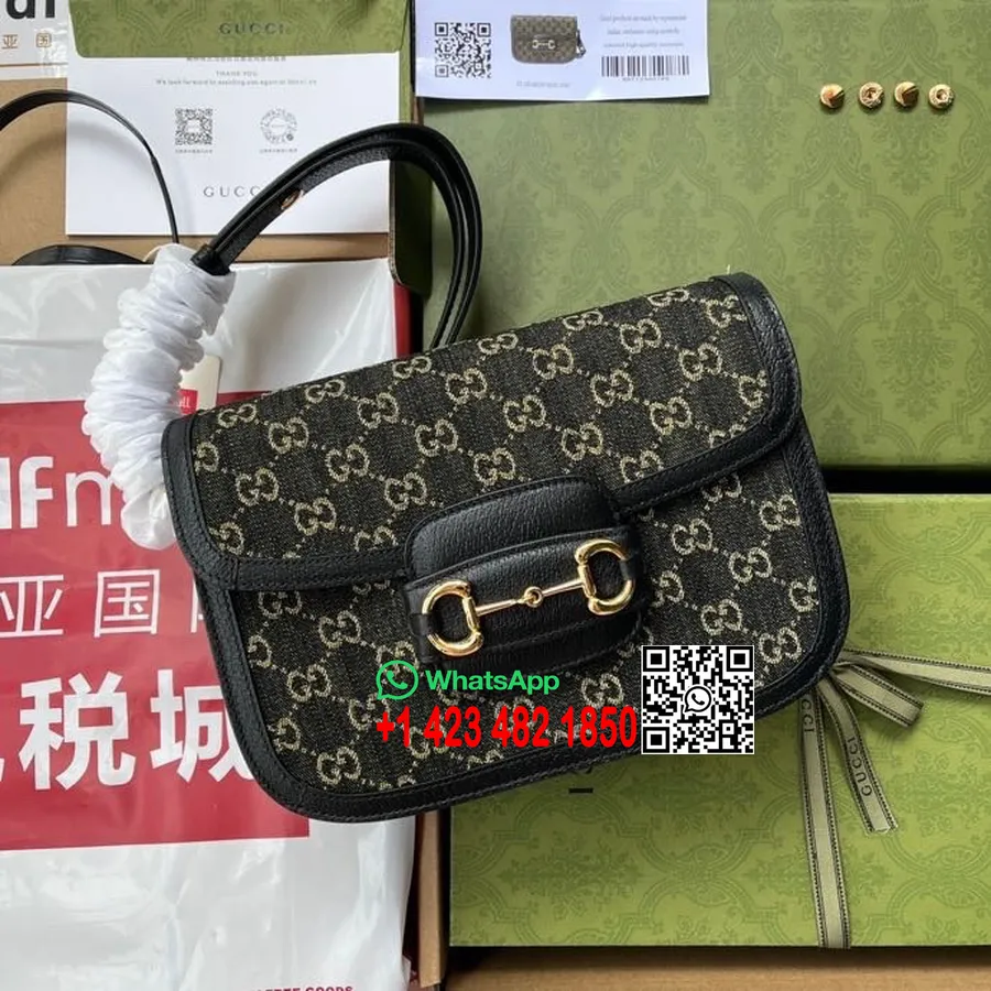 Gucci Horsebit 1955 Omuz Çanta 25cm 602204 Denim Jakarlı/dana Deri İlkbahar/yaz 2022 Koleksiyonu, Siyah