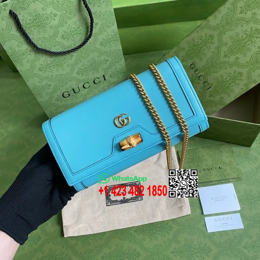 řetízková Peněženka Gucci Diana S Bambusem 20cm 658243 Teletinová Kůže Kolekce Jaro/léto 2022, Modrá