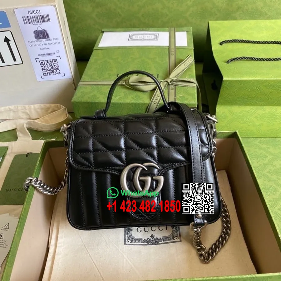 Gucci Gg Marmont Mini Felső Fogantyús Táska 21 Cm 583571 Matelasse Borjúbőr 2022 Tavaszi/nyári Kollekció, Fekete