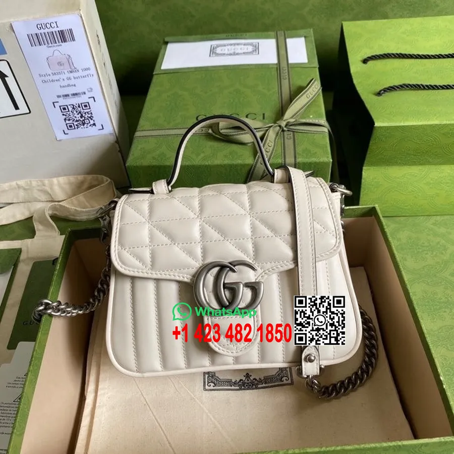 Gucci Gg Marmont Mini Felső Fogantyús Táska 21 Cm 583571 Matelasse Borjúbőr 2022 Tavaszi/nyári Kollekció, Fehér