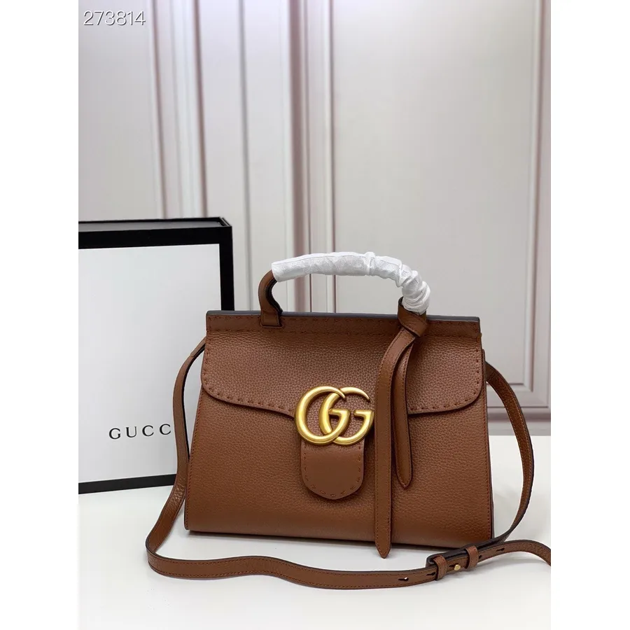 Gucci Gg Üst Saplı Çanta 32cm 421890 Damarlı Dana Deri Sonbahar/kış 2021 Koleksiyonu, Kahverengi