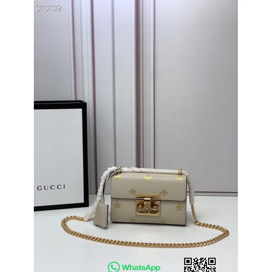 Gucci Torba Na Ramię Z Kłódką Pszczoła Gwiazda 26cm 409487 Skóra Cielęca Kolekcja Wiosna/lato 2022, Biała